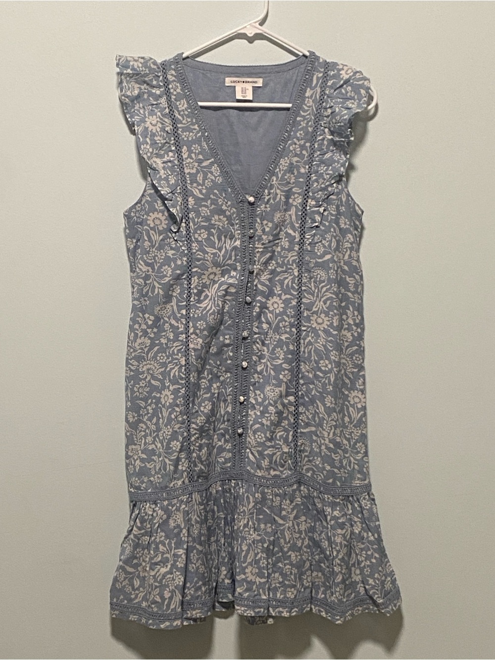 Lucky Brand Dusty Blue Floral Midi Dress with Ruffle Shoulders Size M